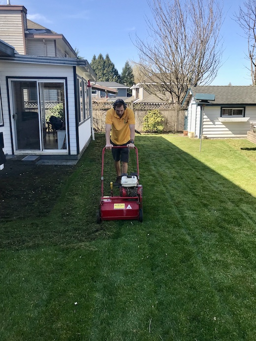 Red power rake being pushed across lawn